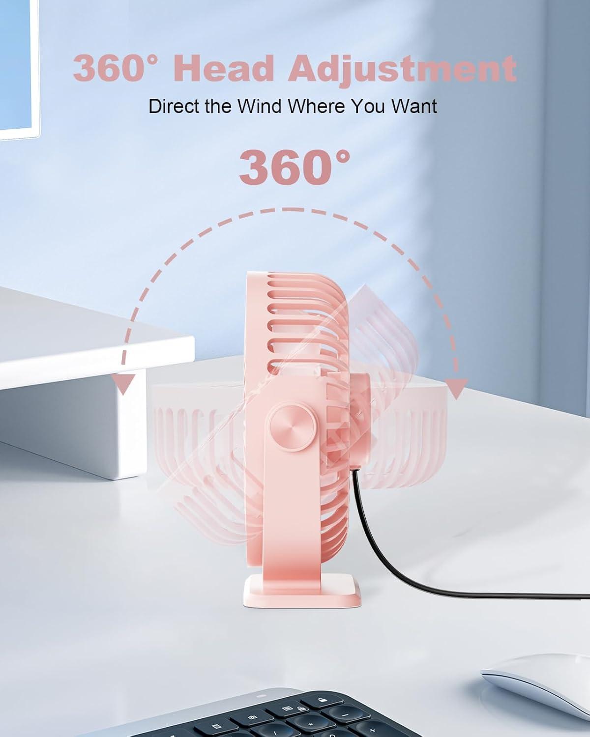 imageTriPole Desk Fan USB Powered Small Portable Fan 3 Speeds Adjustable Strong Breeze Mini Personal Fans 360 Rotation Quiet Plug In USB Fans for Desktop Bedroom Office Table Travel Black 49ft CablePink