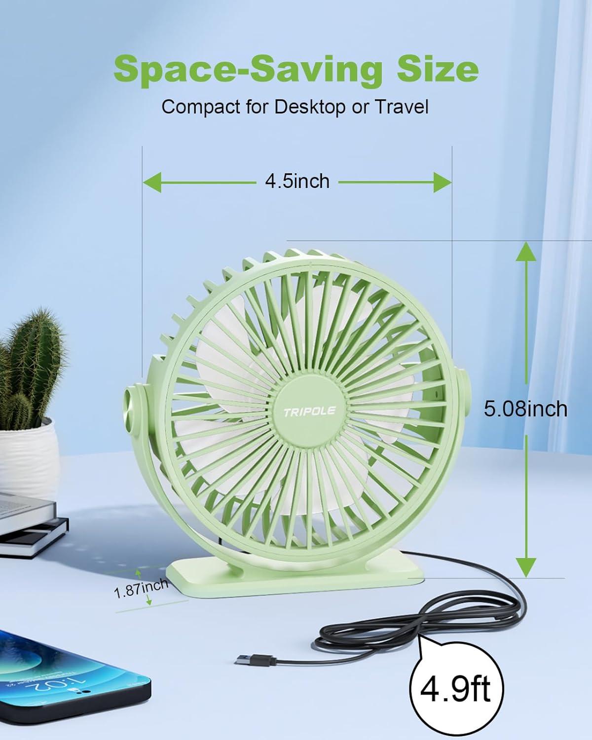imageTriPole Desk Fan USB Powered Small Portable Fan 3 Speeds Adjustable Strong Breeze Mini Personal Fans 360 Rotation Quiet Plug In USB Fans for Desktop Bedroom Office Table Travel Black 49ft CableGreen