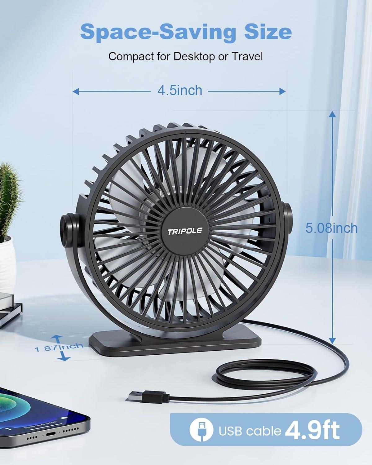 imageTriPole Desk Fan USB Powered Small Portable Fan 3 Speeds Adjustable Strong Breeze Mini Personal Fans 360 Rotation Quiet Plug In USB Fans for Desktop Bedroom Office Table Travel Black 49ft CableBlack