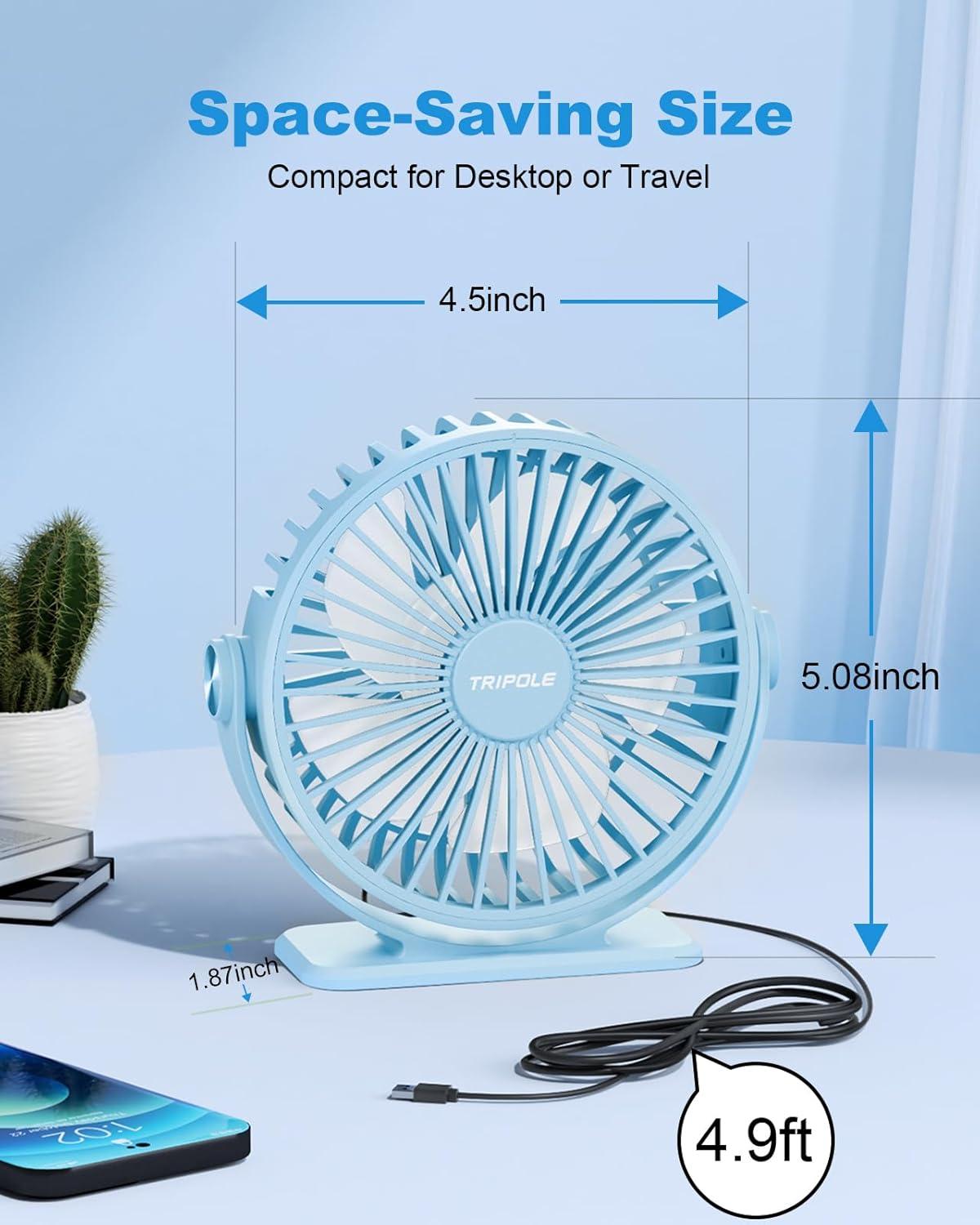 imageTriPole Desk Fan USB Powered Small Portable Fan 3 Speeds Adjustable Strong Breeze Mini Personal Fans 360 Rotation Quiet Plug In USB Fans for Desktop Bedroom Office Table Travel Black 49ft CableBlue