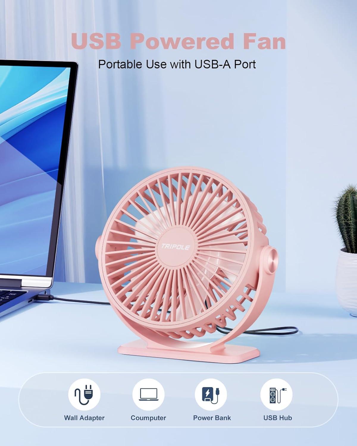 imageTriPole Desk Fan USB Powered Small Portable Fan 3 Speeds Adjustable Strong Breeze Mini Personal Fans 360 Rotation Quiet Plug In USB Fans for Desktop Bedroom Office Table Travel Black 49ft CablePink