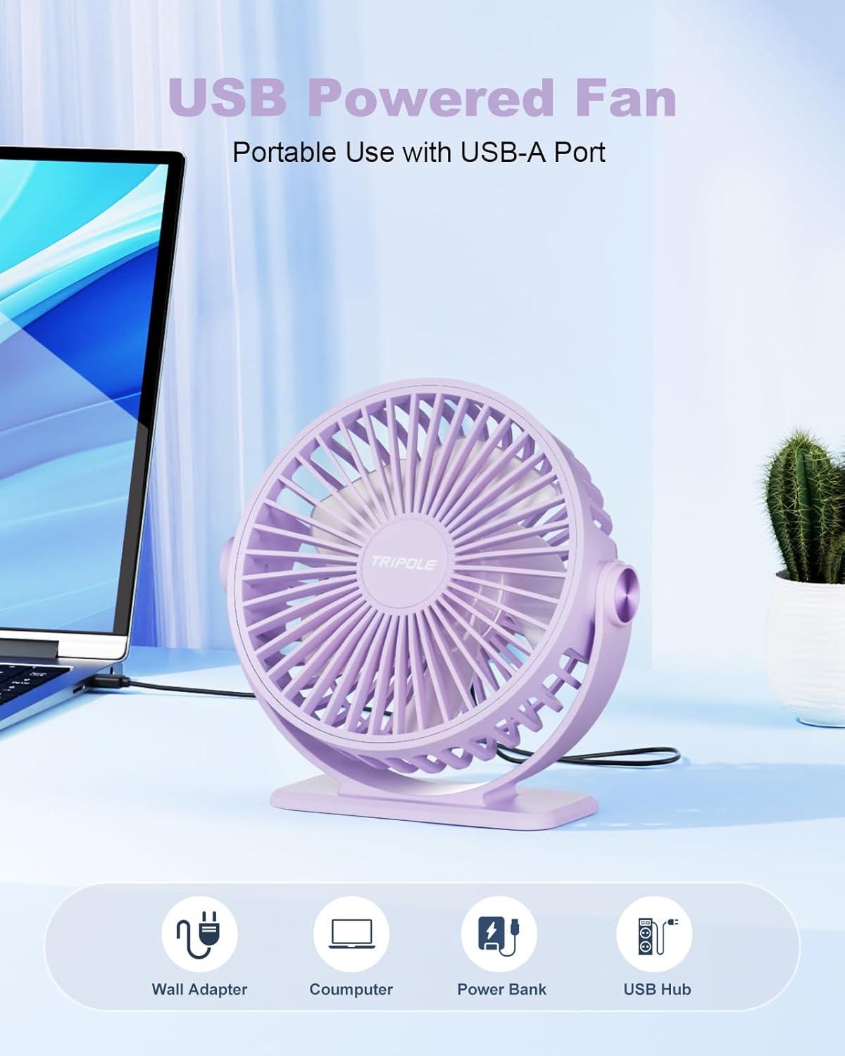 imageTriPole Desk Fan USB Powered Small Portable Fan 3 Speeds Adjustable Strong Breeze Mini Personal Fans 360 Rotation Quiet Plug In USB Fans for Desktop Bedroom Office Table Travel Black 49ft CablePurple
