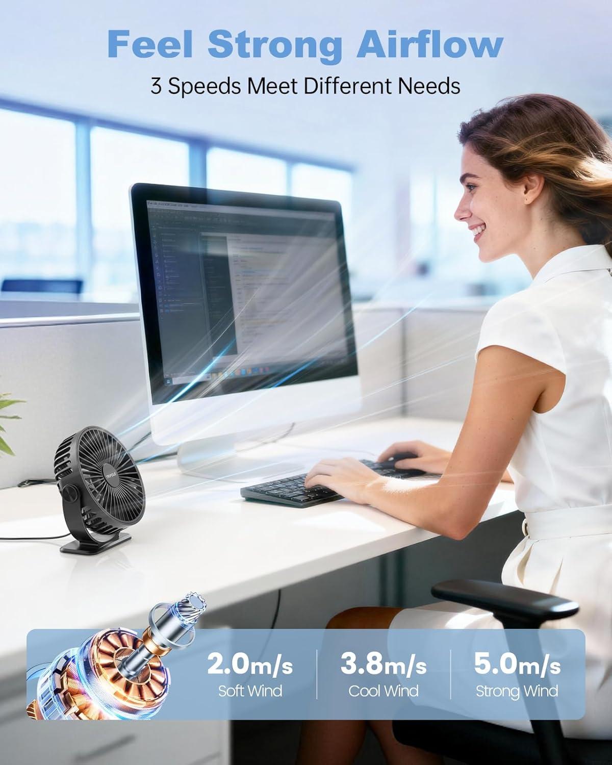 imageTriPole Desk Fan USB Powered Small Portable Fan 3 Speeds Adjustable Strong Breeze Mini Personal Fans 360 Rotation Quiet Plug In USB Fans for Desktop Bedroom Office Table Travel Black 49ft CableBlack