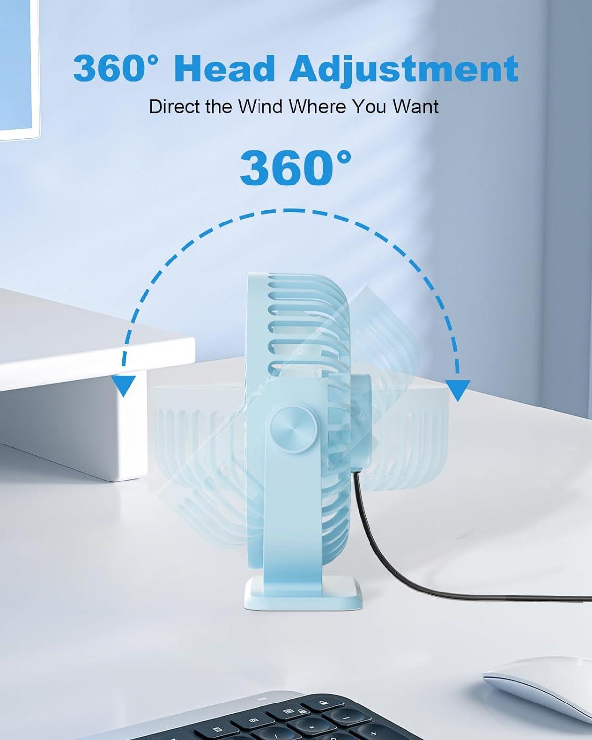 imageTriPole Desk Fan USB Powered Small Portable Fan 3 Speeds Adjustable Strong Breeze Mini Personal Fans 360 Rotation Quiet Plug In USB Fans for Desktop Bedroom Office Table Travel Black 49ft CableBlue