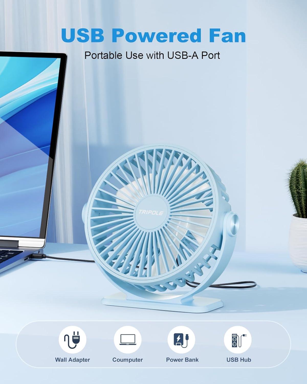 imageTriPole Desk Fan USB Powered Small Portable Fan 3 Speeds Adjustable Strong Breeze Mini Personal Fans 360 Rotation Quiet Plug In USB Fans for Desktop Bedroom Office Table Travel Black 49ft CableBlue