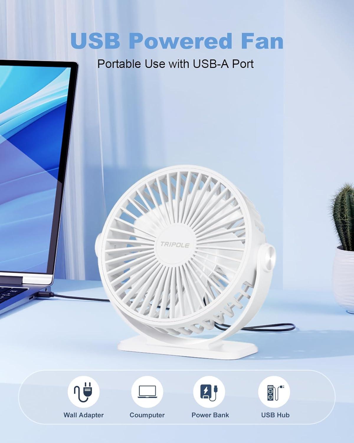 imageTriPole Desk Fan USB Powered Small Portable Fan 3 Speeds Adjustable Strong Breeze Mini Personal Fans 360 Rotation Quiet Plug In USB Fans for Desktop Bedroom Office Table Travel Black 49ft CableWhite