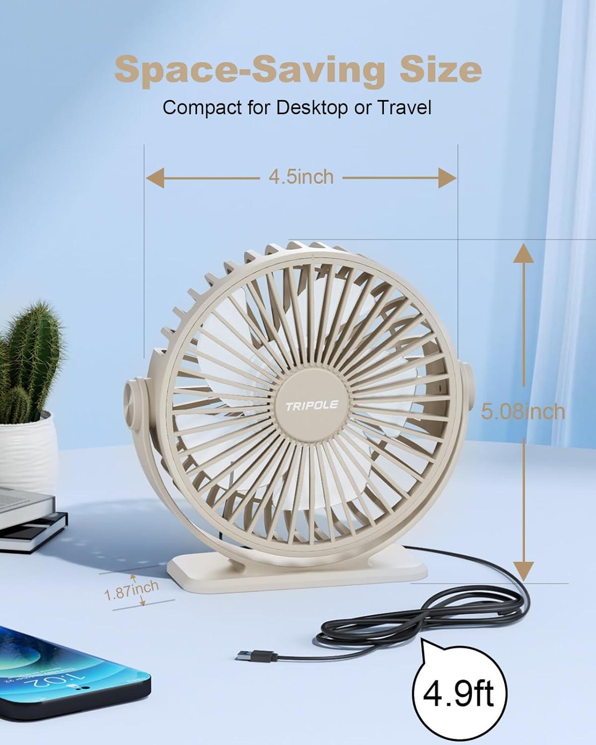 imageTriPole Desk Fan USB Powered Small Portable Fan 3 Speeds Adjustable Strong Breeze Mini Personal Fans 360 Rotation Quiet Plug In USB Fans for Desktop Bedroom Office Table Travel Black 49ft CableBeige