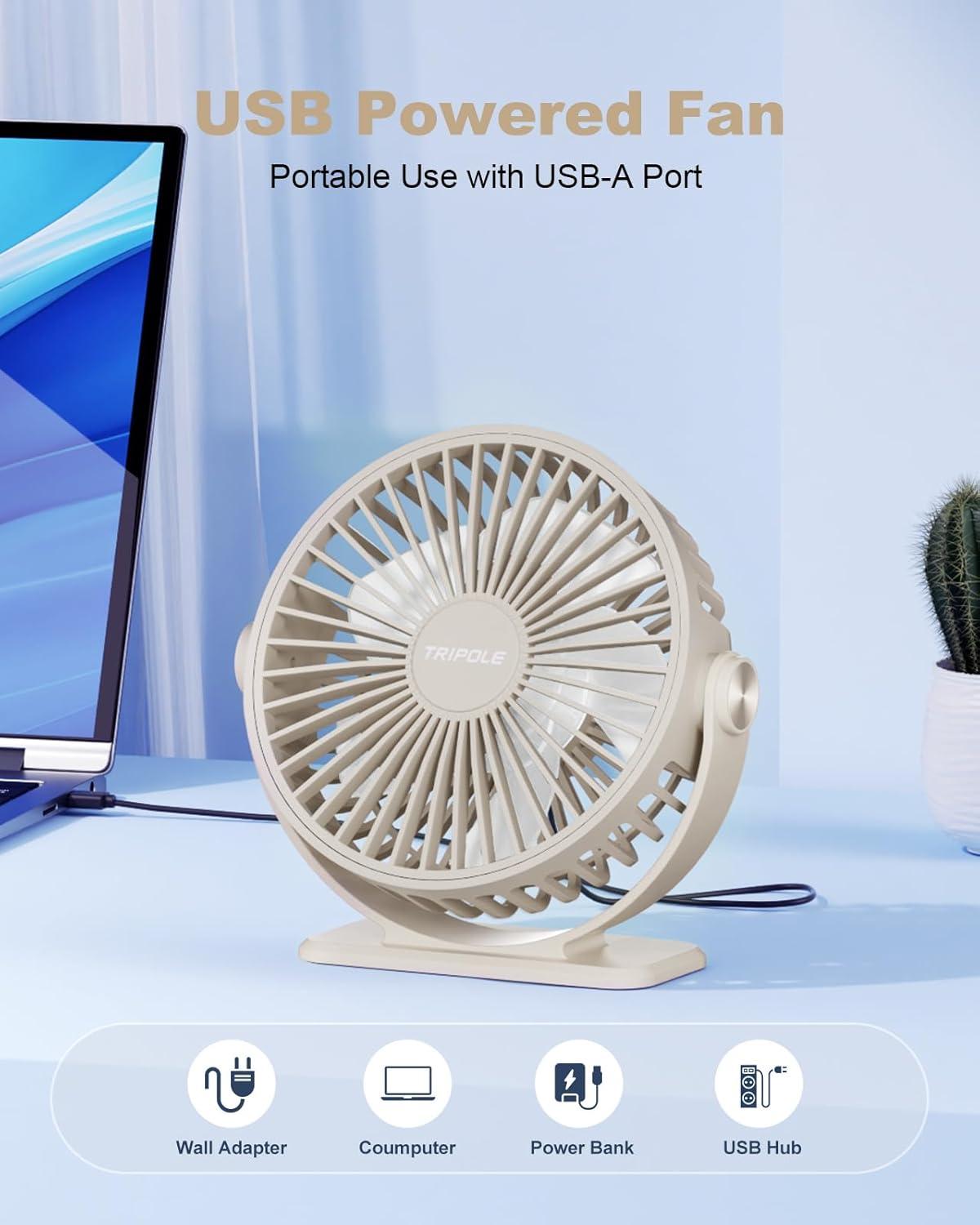 imageTriPole Desk Fan USB Powered Small Portable Fan 3 Speeds Adjustable Strong Breeze Mini Personal Fans 360 Rotation Quiet Plug In USB Fans for Desktop Bedroom Office Table Travel Black 49ft CableBeige