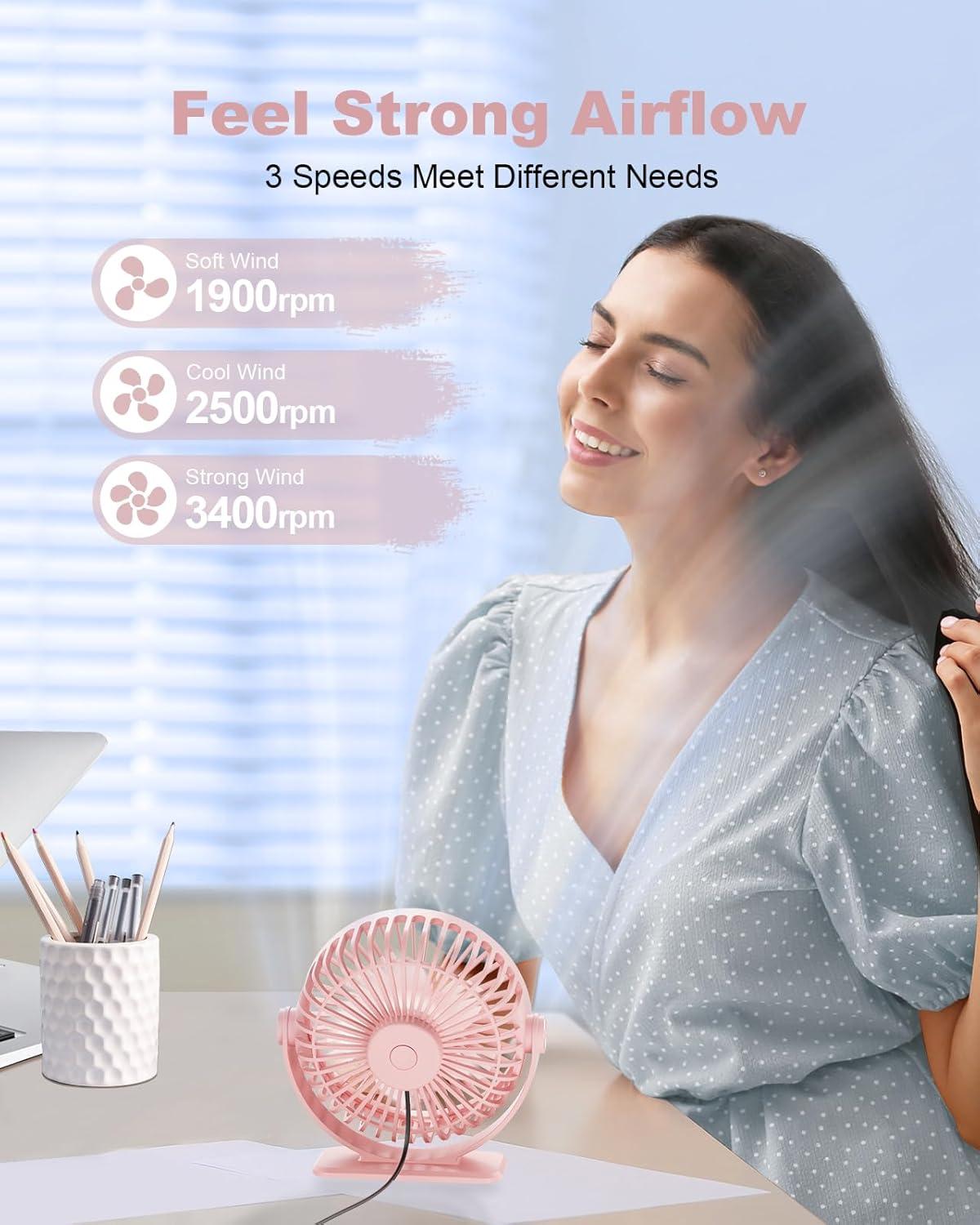 imageTriPole Desk Fan USB Powered Small Portable Fan 3 Speeds Adjustable Strong Breeze Mini Personal Fans 360 Rotation Quiet Plug In USB Fans for Desktop Bedroom Office Table Travel Black 49ft CablePink