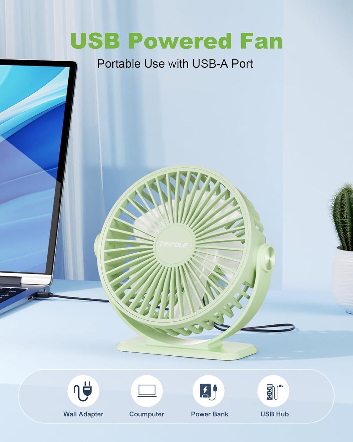 imageTriPole Desk Fan USB Powered Small Portable Fan 3 Speeds Adjustable Strong Breeze Mini Personal Fans 360 Rotation Quiet Plug In USB Fans for Desktop Bedroom Office Table Travel Black 49ft CableGreen