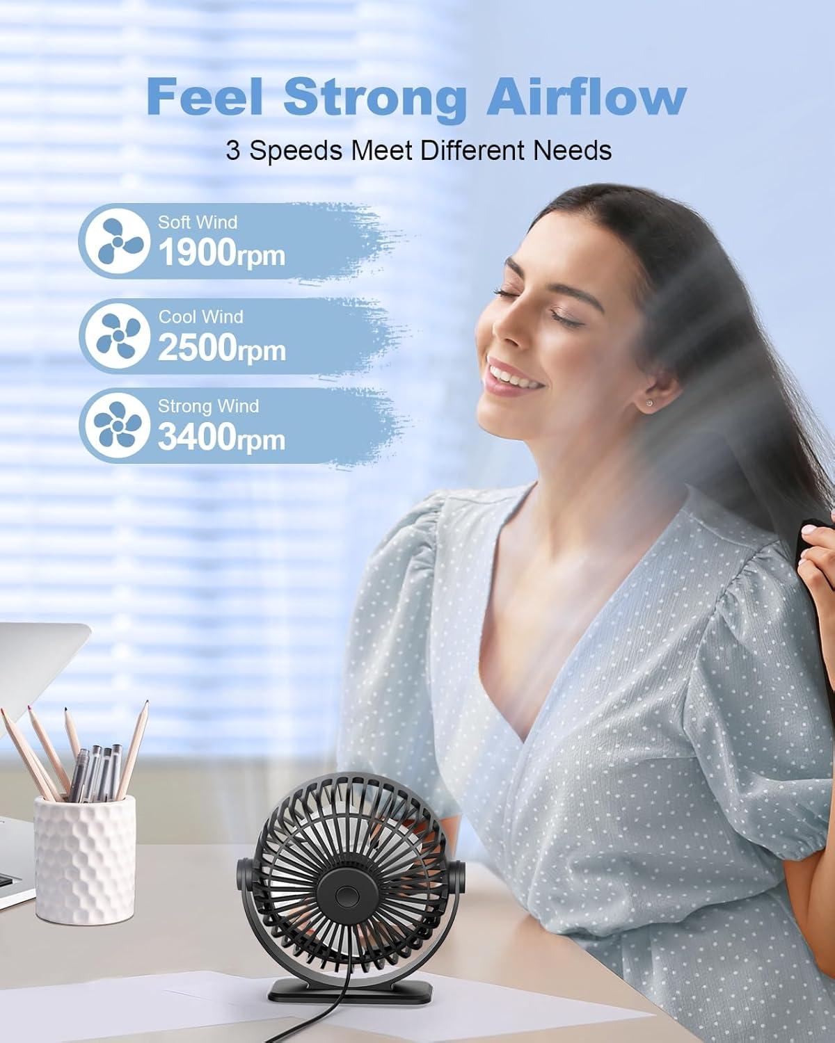 imageTriPole Desk Fan USB Powered Small Portable Fan 3 Speeds Adjustable Strong Breeze Mini Personal Fans 360 Rotation Quiet Plug In USB Fans for Desktop Bedroom Office Table Travel Black 49ft CableBlack Black