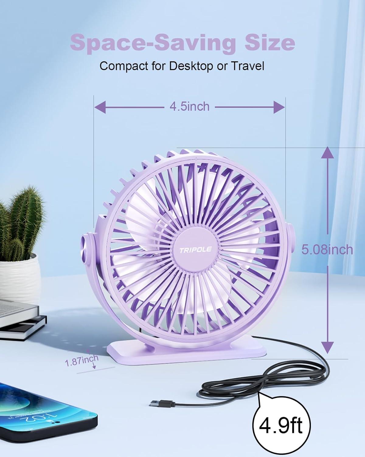 imageTriPole Desk Fan USB Powered Small Portable Fan 3 Speeds Adjustable Strong Breeze Mini Personal Fans 360 Rotation Quiet Plug In USB Fans for Desktop Bedroom Office Table Travel Black 49ft CablePurple