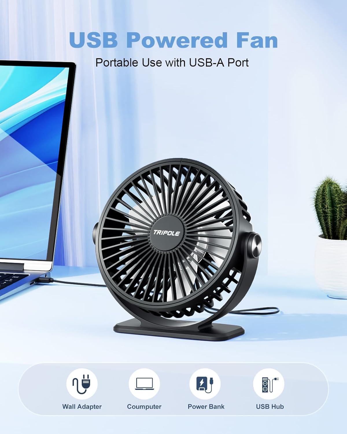 imageTriPole Desk Fan USB Powered Small Portable Fan 3 Speeds Adjustable Strong Breeze Mini Personal Fans 360 Rotation Quiet Plug In USB Fans for Desktop Bedroom Office Table Travel Black 49ft CableBlack Black