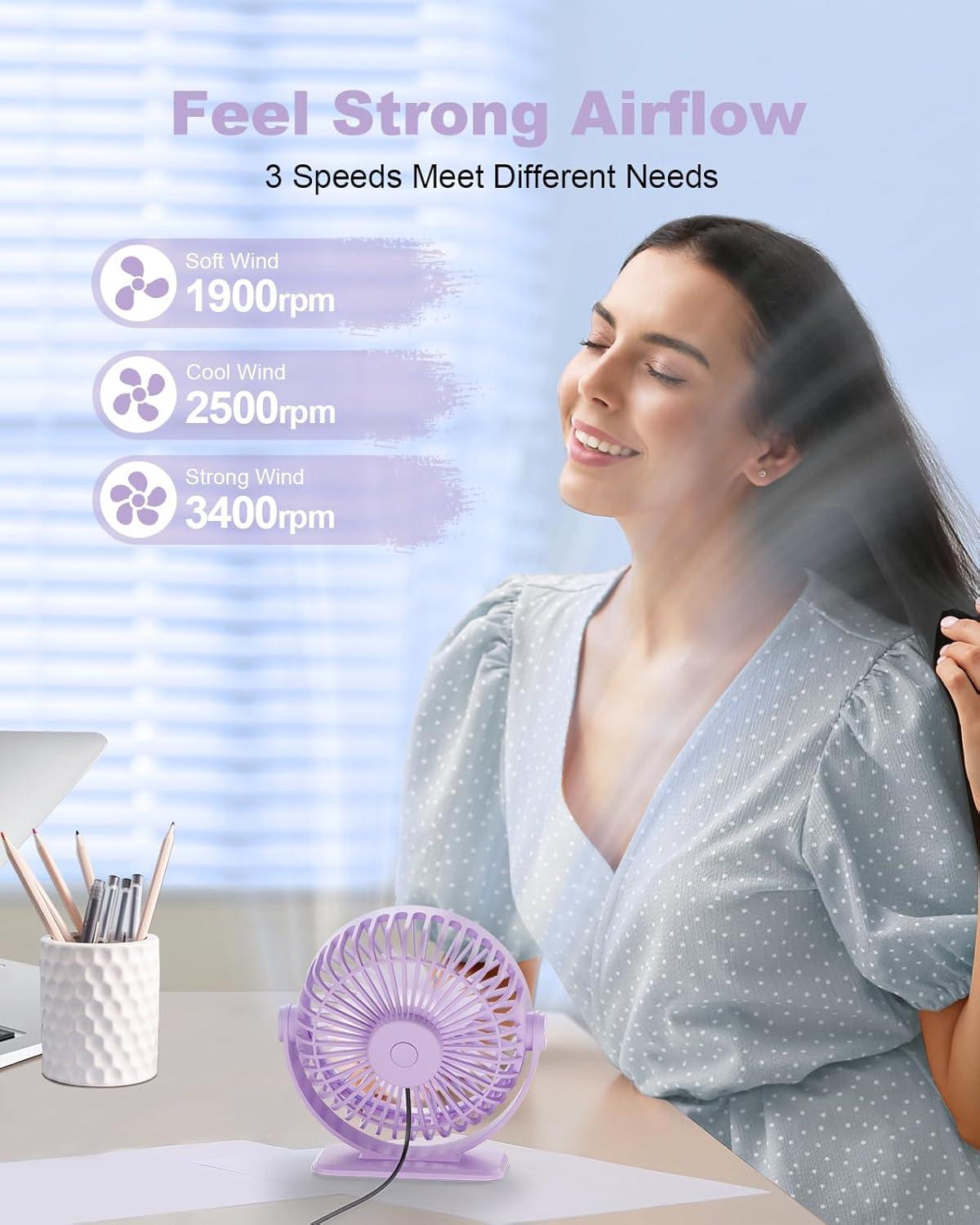 imageTriPole Desk Fan USB Powered Small Portable Fan 3 Speeds Adjustable Strong Breeze Mini Personal Fans 360 Rotation Quiet Plug In USB Fans for Desktop Bedroom Office Table Travel Black 49ft CablePurple
