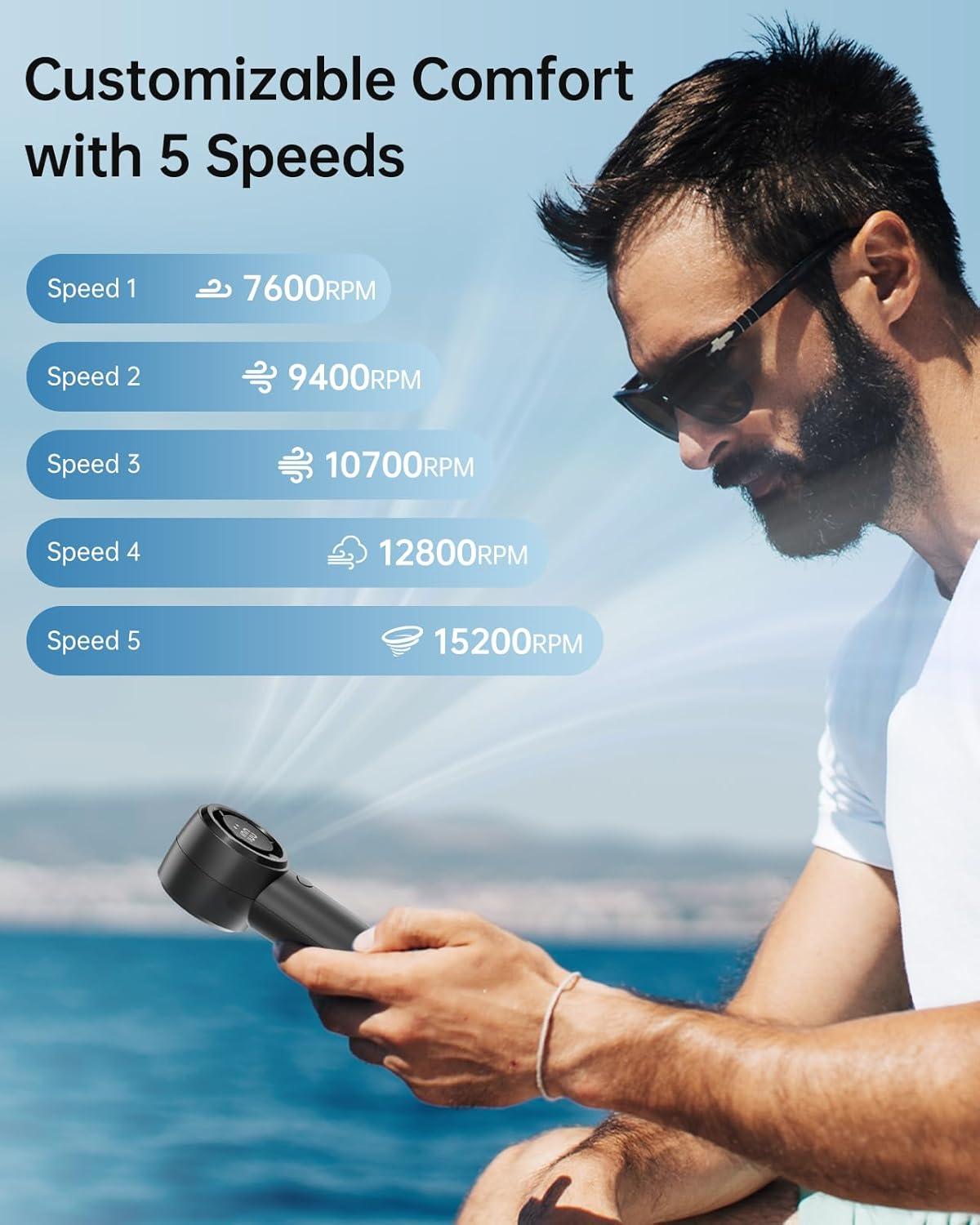 imageTriPole Handheld Portable Fan with LED Display 4000mAh Rechargeable Battery 15200RPM High Speed Airflow Small Personal Hand Held Mini Turbo Fan for Outdoor Trip Beach Camping Walk Travel Essential