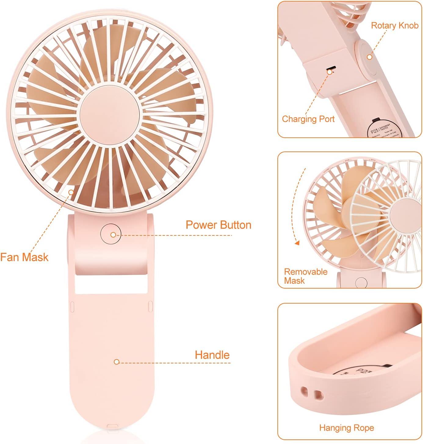 imageTriPole Mini Handheld Fan USB Portable Fans Rechargeable Battery Operated Foldable Desk Fan 3 Speed Hanging Personal Fan for Home Office Indoor Use Outdoor TravelPink
