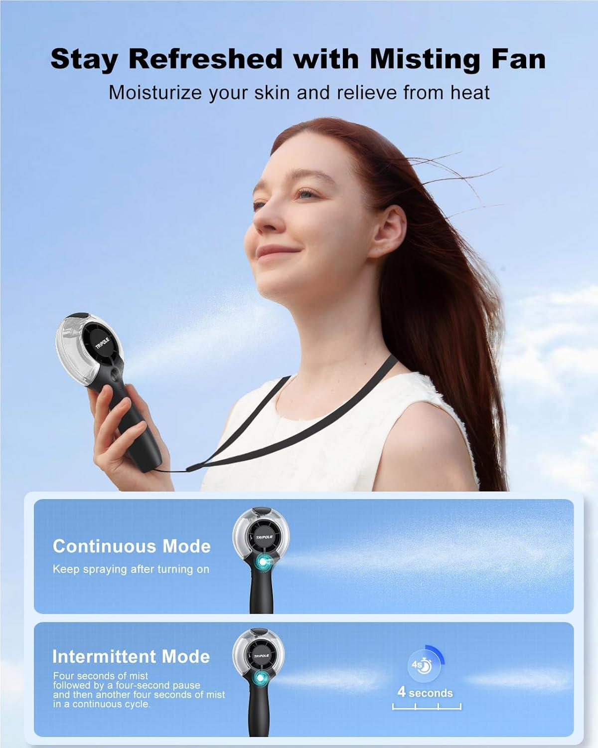 imageTriPole Misting Fan Portable Handheld Fan with Mist 4000mAh Rechargeable Personal Mister Fans with 40ml Water Tank HighSpeed Airflow Mini Water Spray Fans for Outdoor Trip Travel Park Beach Camping