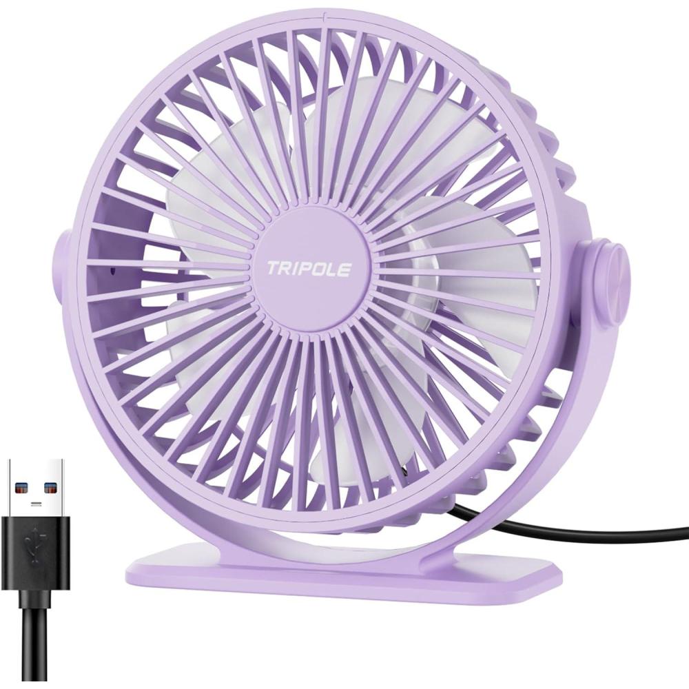 imageTriPole Desk Fan USB Powered Small Portable Fan 3 Speeds Adjustable Strong Breeze Mini Personal Fans 360 Rotation Quiet Plug In USB Fans for Desktop Bedroom Office Table Travel Black 49ft CablePurple