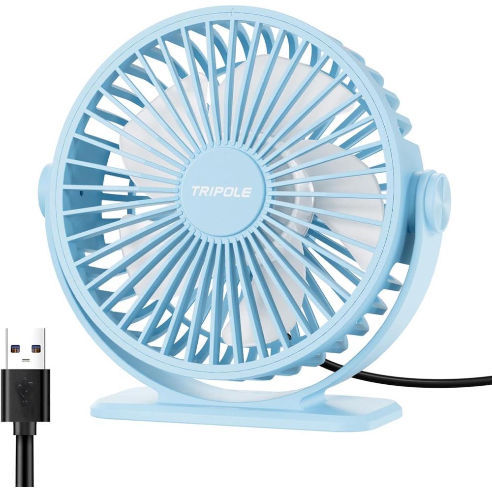 imageTriPole Desk Fan USB Powered Small Portable Fan 3 Speeds Adjustable Strong Breeze Mini Personal Fans 360 Rotation Quiet Plug In USB Fans for Desktop Bedroom Office Table Travel Black 49ft CableBlue