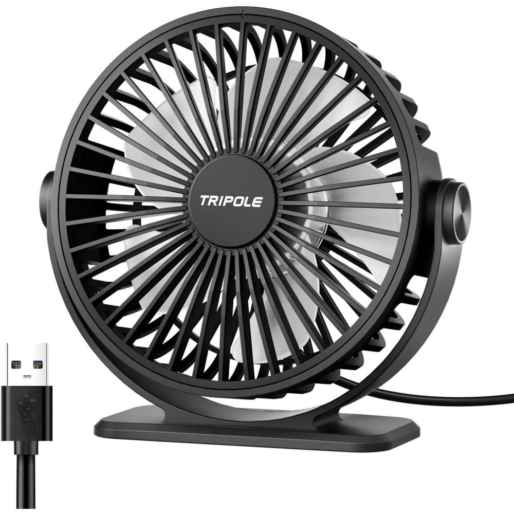 imageTriPole Desk Fan USB Powered Small Portable Fan 3 Speeds Adjustable Strong Breeze Mini Personal Fans 360 Rotation Quiet Plug In USB Fans for Desktop Bedroom Office Table Travel Black 49ft CableBlack