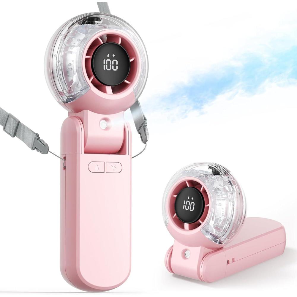 imageTriPole Misting Fan Portable Handheld Turbo Fan with Mist LED Display Neck ampamp Desk Foldable High Speed Airflow Mini Fans Rechargeable Personal Mister Fans with Water Spray Bottle for Outdoor TravelPink