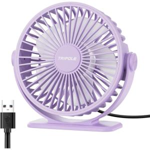 TriPole Desk Fan USB Powered Small Portable Fan, 3 Speeds Adjustable Strong Breeze Mini Personal Fans, 360° Rotation Quiet Plug In USB Fans for Desktop Bedroom Office Table Travel, Black, 4.9ft Cable(Purple)
