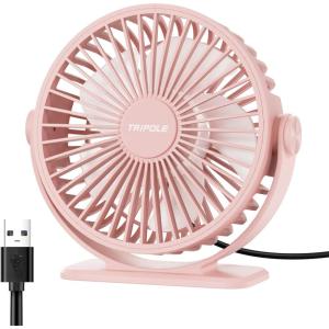 TriPole Desk Fan USB Powered Small Portable Fan, 3 Speeds Adjustable Strong Breeze Mini Personal Fans, 360° Rotation Quiet Plug In USB Fans for Desktop Bedroom Office Table Travel, Black, 4.9ft Cable(Pink)