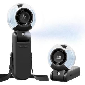 TriPole Misting Fan Portable Handheld Turbo Fan with Mist, LED Display, Neck & Desk Foldable High Speed Airflow Mini Fans, Rechargeable Personal Mister Fans with Water Spray Bottle for Outdoor Travel(Black)