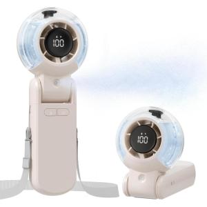 TriPole Misting Fan Portable Handheld Turbo Fan with Mist, LED Display, Neck & Desk Foldable High Speed Airflow Mini Fans, Rechargeable Personal Mister Fans with Water Spray Bottle for Outdoor Travel(Beige)