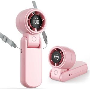 TriPole Portable Handheld Turbo Fan with Digital Display, 3-IN-1 Rechargeable Mini Travel Fan, Battery Operated, 190° Foldable for Desk & Neck, High Speed Personal Cooling Fans for Outdoor Trip Beach(Pink)