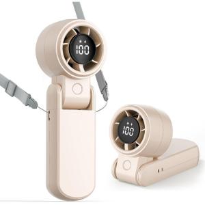 TriPole Portable Handheld Turbo Fan with Digital Display, 3-IN-1 Rechargeable Mini Travel Fan, Battery Operated, 190° Foldable for Desk & Neck, High Speed Personal Cooling Fans for Outdoor Trip Beach(Beige)