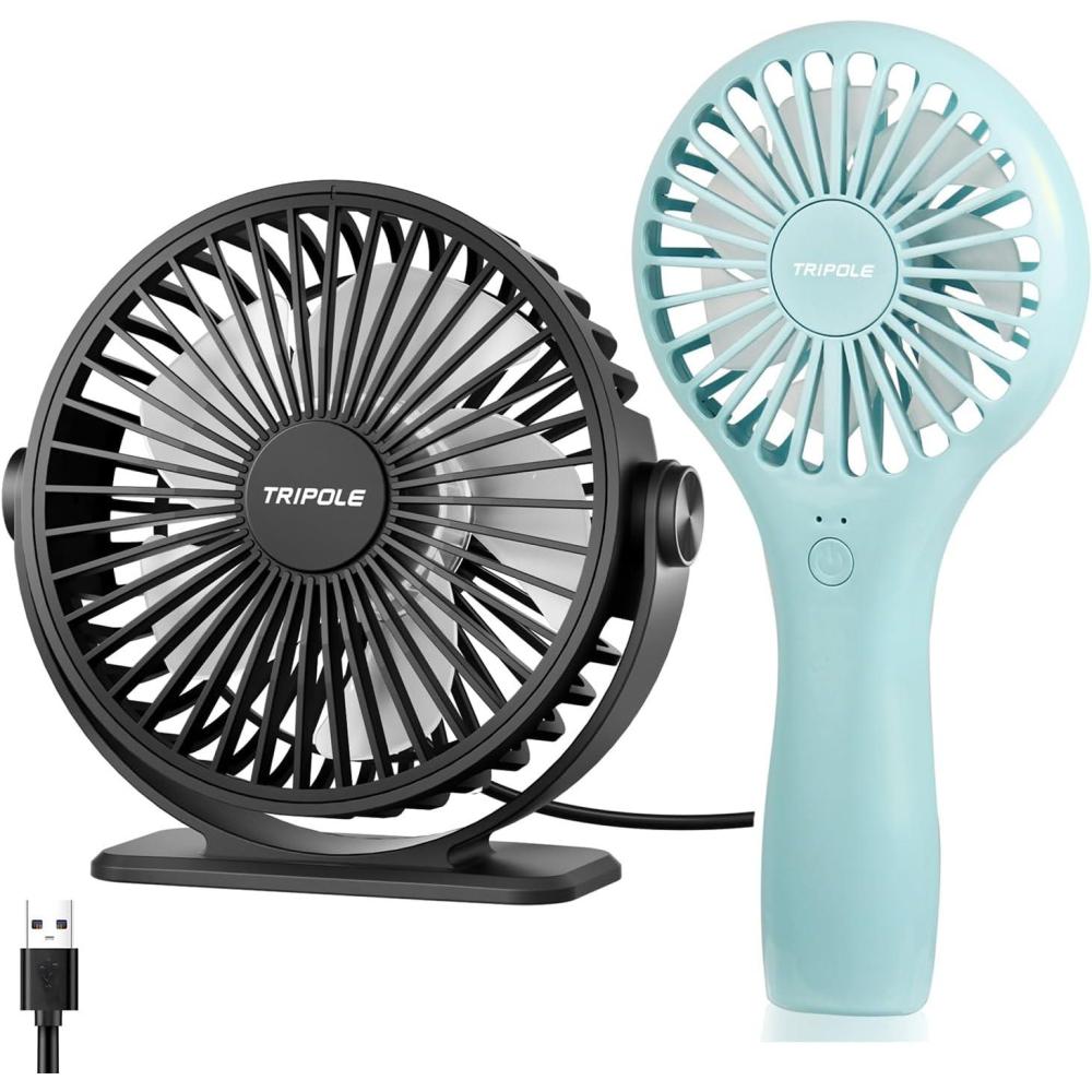 imageTriPole Mini Handheld Fan USB Desk Fan Bundle Strong Airflow Portable Small Fans for Desktop Office Outdoor Travel