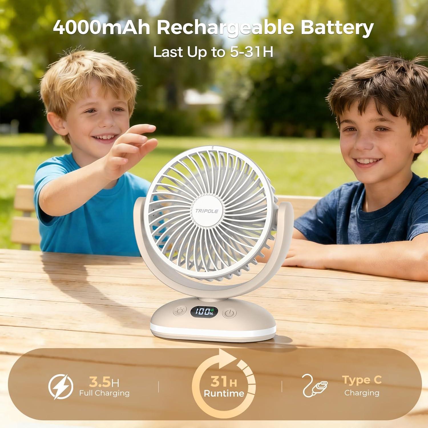 image:imageTriPole Desk Fan Small Quiet Rechargeable Portable Fan for Travel with Smart Display amp LED Light 31H Runtime 4 Speeds Mini Battery Operated Fans for Bedroom Sleeping Office Outdoor Camping Cruise
