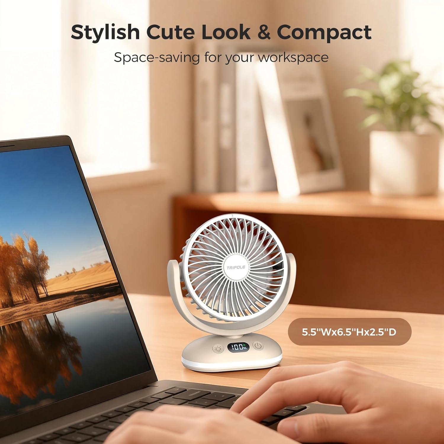 image:imageTriPole Desk Fan Small Quiet Rechargeable Portable Fan for Travel with Smart Display amp LED Light 31H Runtime 4 Speeds Mini Battery Operated Fans for Bedroom Sleeping Office Outdoor Camping Cruise