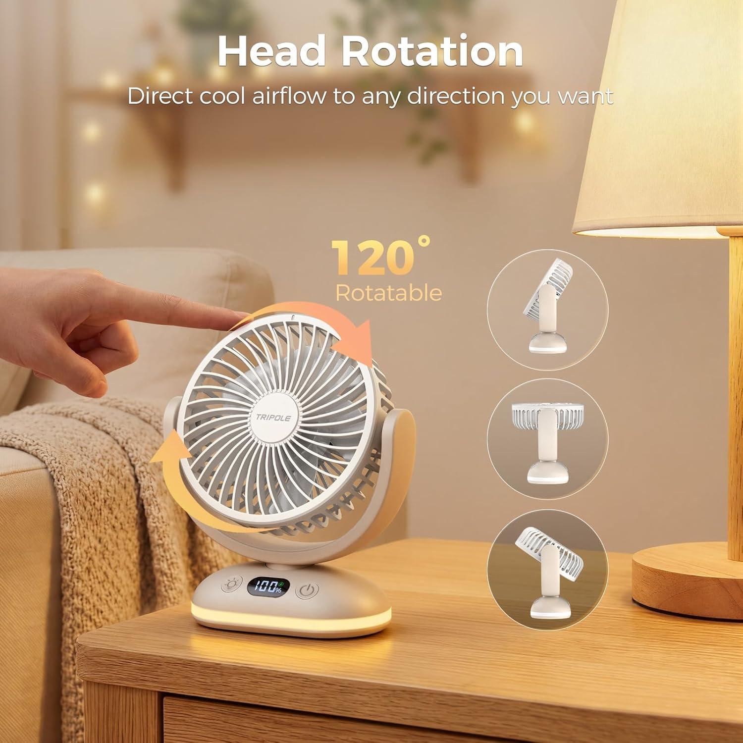 image:imageTriPole Desk Fan Small Quiet Rechargeable Portable Fan for Travel with Smart Display amp LED Light 31H Runtime 4 Speeds Mini Battery Operated Fans for Bedroom Sleeping Office Outdoor Camping Cruise