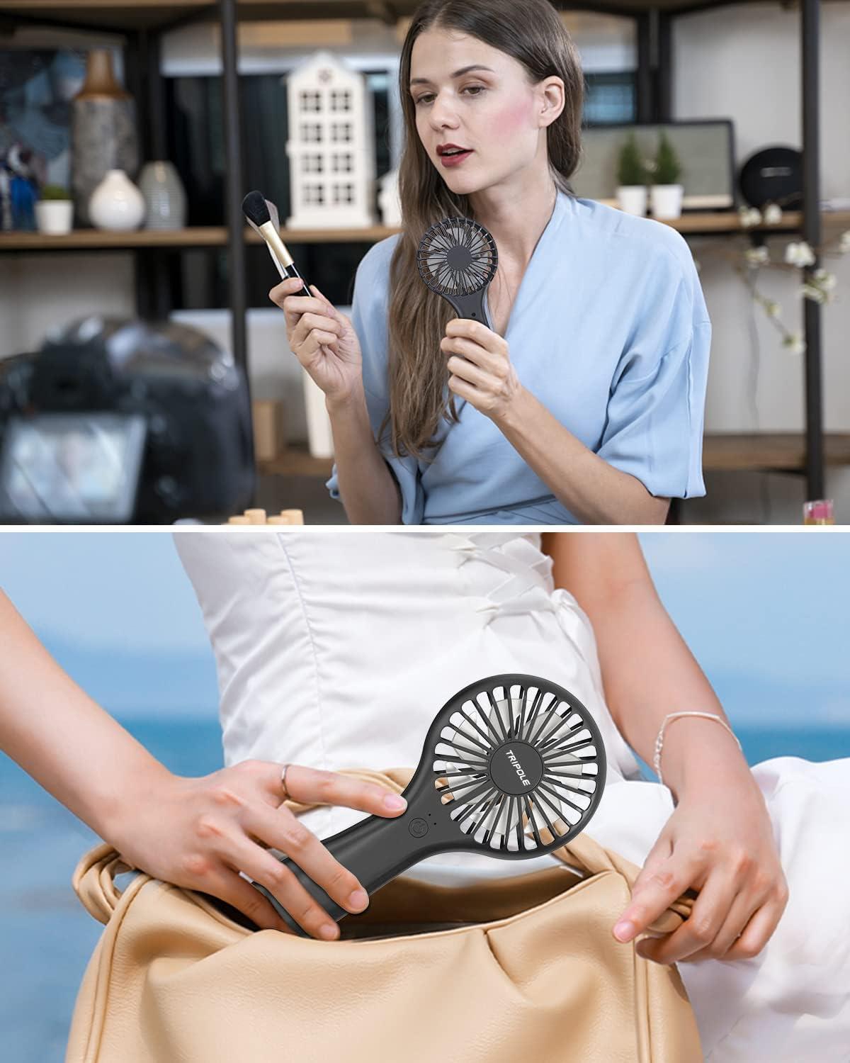image:imageTriPole Portable Handheld Fan Mini Personal Fan with 3 Speeds Powerful Battery Hand Held Fans for Travel Trip Outdoor Concerts Cute Small Rechargeable Lash Fans for Makeup Skincare Drying CreamBlack