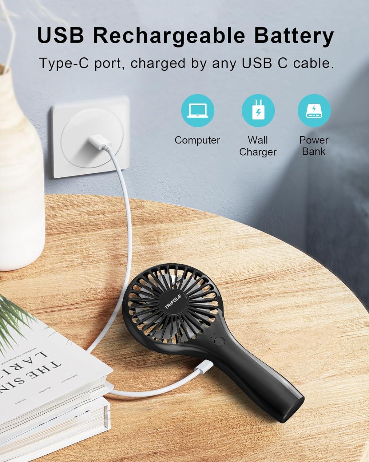 image:imageTriPole Portable Handheld Fan Mini Personal Fan with 3 Speeds Powerful Battery Hand Held Fans for Travel Trip Outdoor Concerts Cute Small Rechargeable Lash Fans for Makeup Skincare Drying CreamBlack