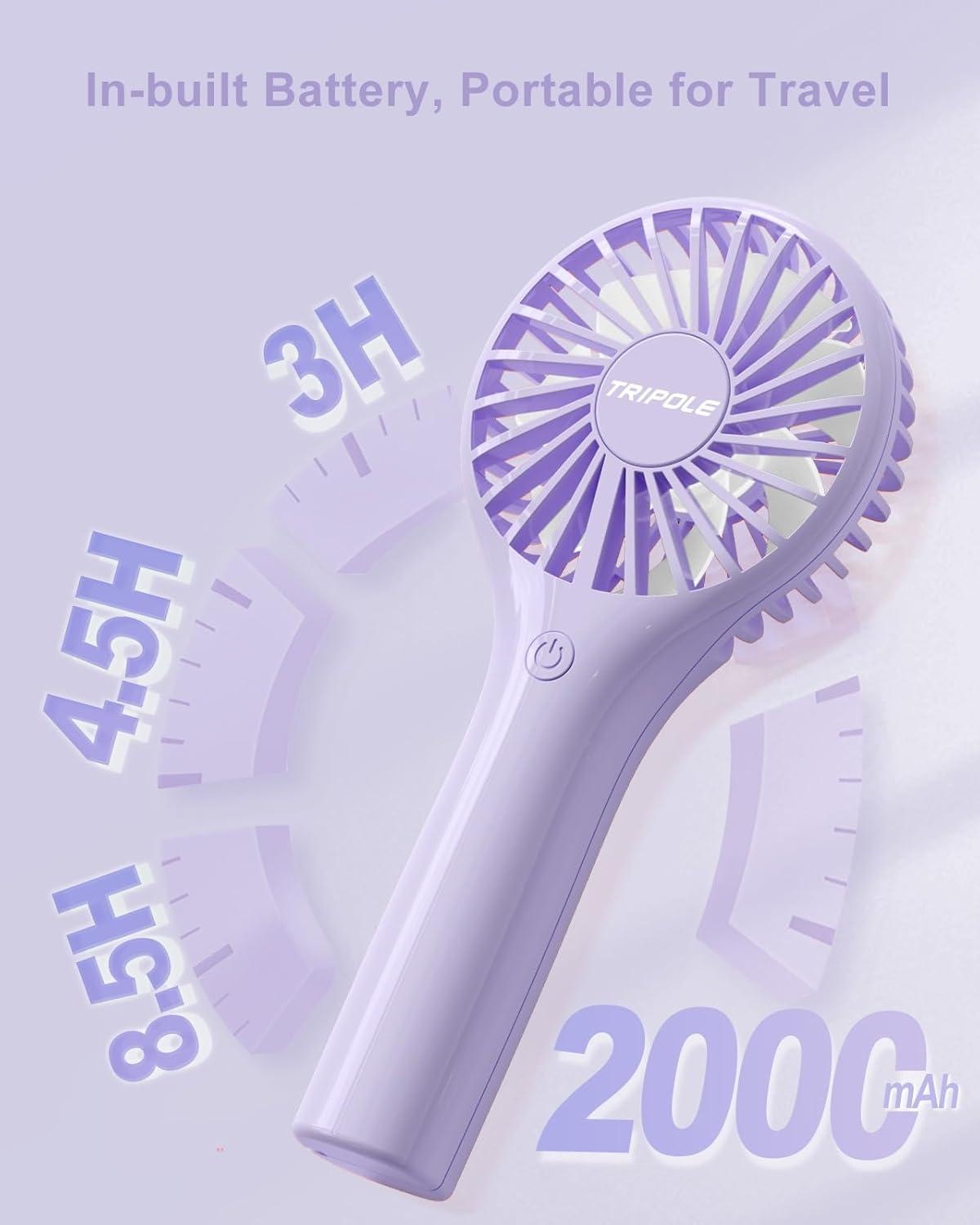 image:imageTriPole Portable Handheld Fan Mini Personal Fan with 3 Speeds Powerful Battery Hand Held Fans for Travel Trip Outdoor Concerts Cute Small Rechargeable Lash Fans for Makeup Skincare Drying CreamPurple3 Speed