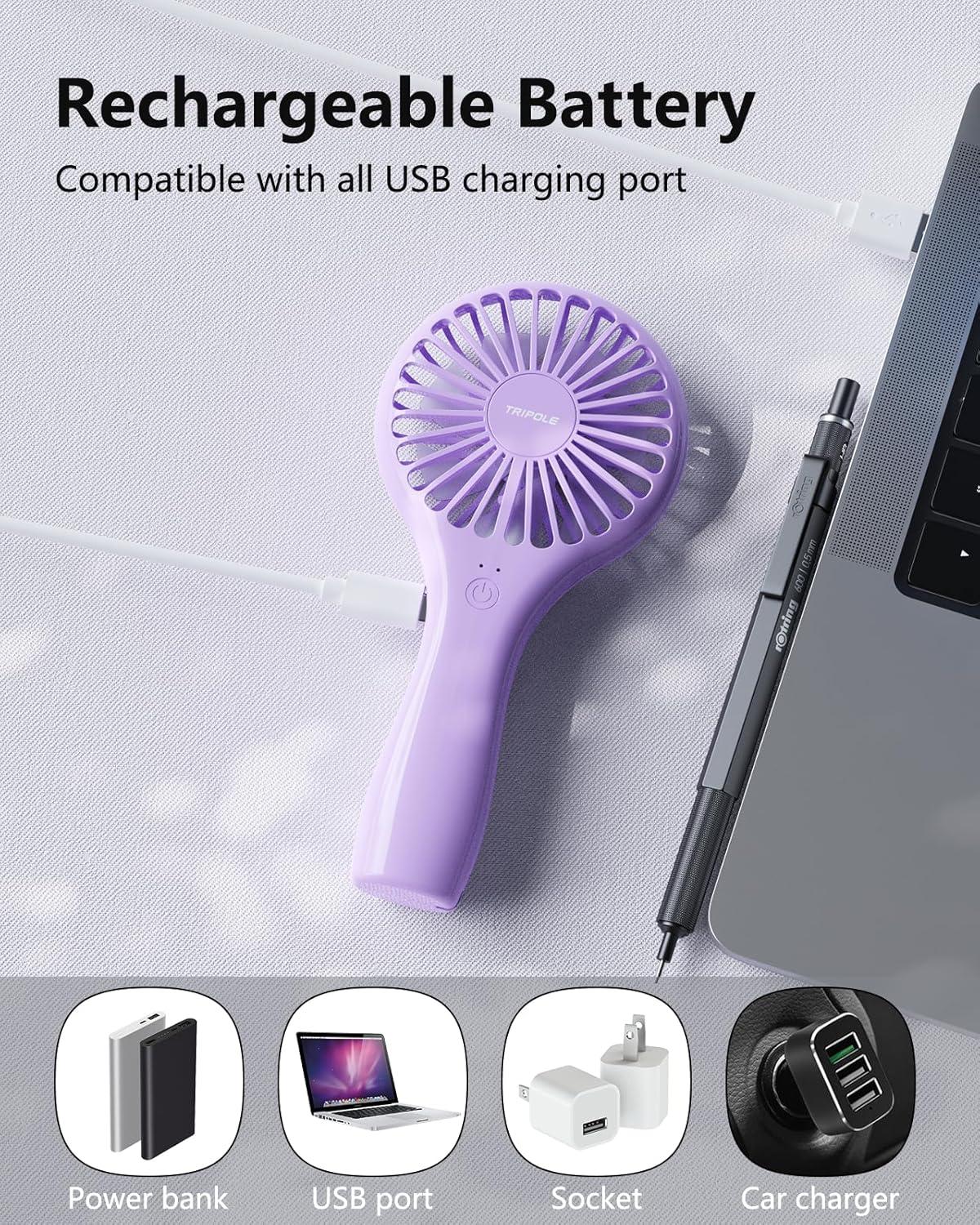 image:imageTriPole Portable Handheld Fan Mini Personal Fan with 3 Speeds Powerful Battery Hand Held Fans for Travel Trip Outdoor Concerts Cute Small Rechargeable Lash Fans for Makeup Skincare Drying CreamPurple