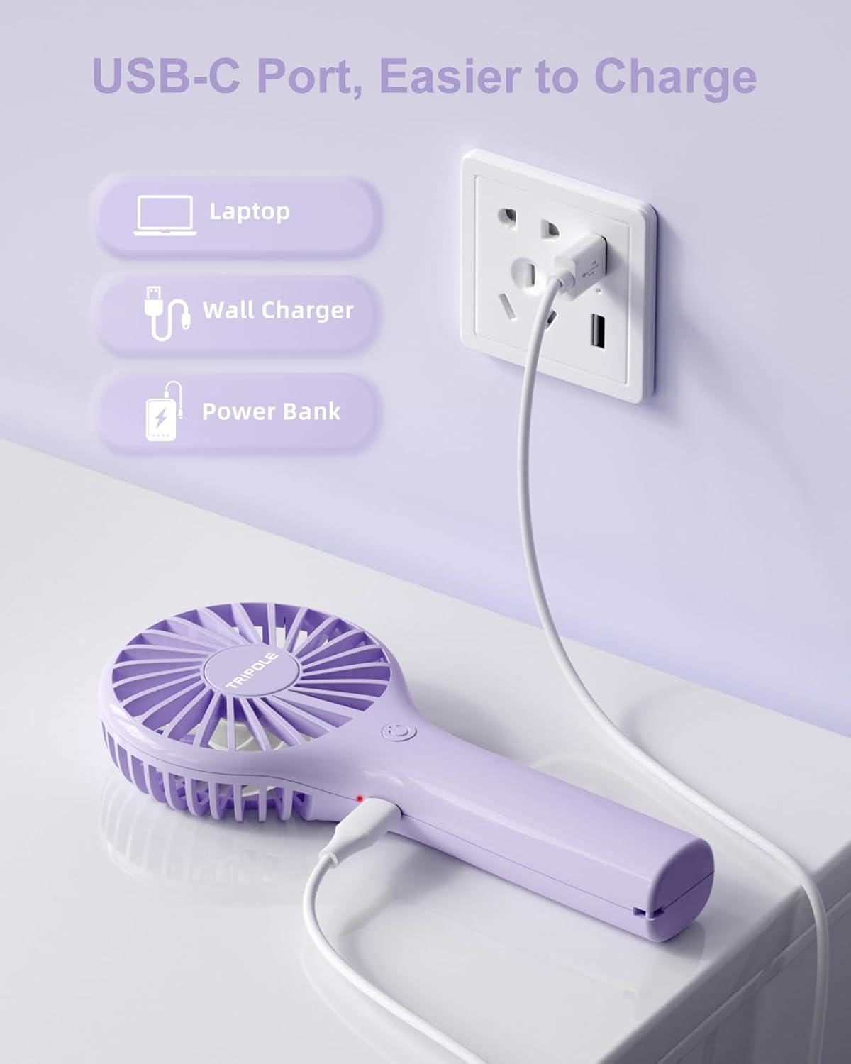 image:imageTriPole Portable Handheld Fan Mini Personal Fan with 3 Speeds Powerful Battery Hand Held Fans for Travel Trip Outdoor Concerts Cute Small Rechargeable Lash Fans for Makeup Skincare Drying CreamPurple3 Speed