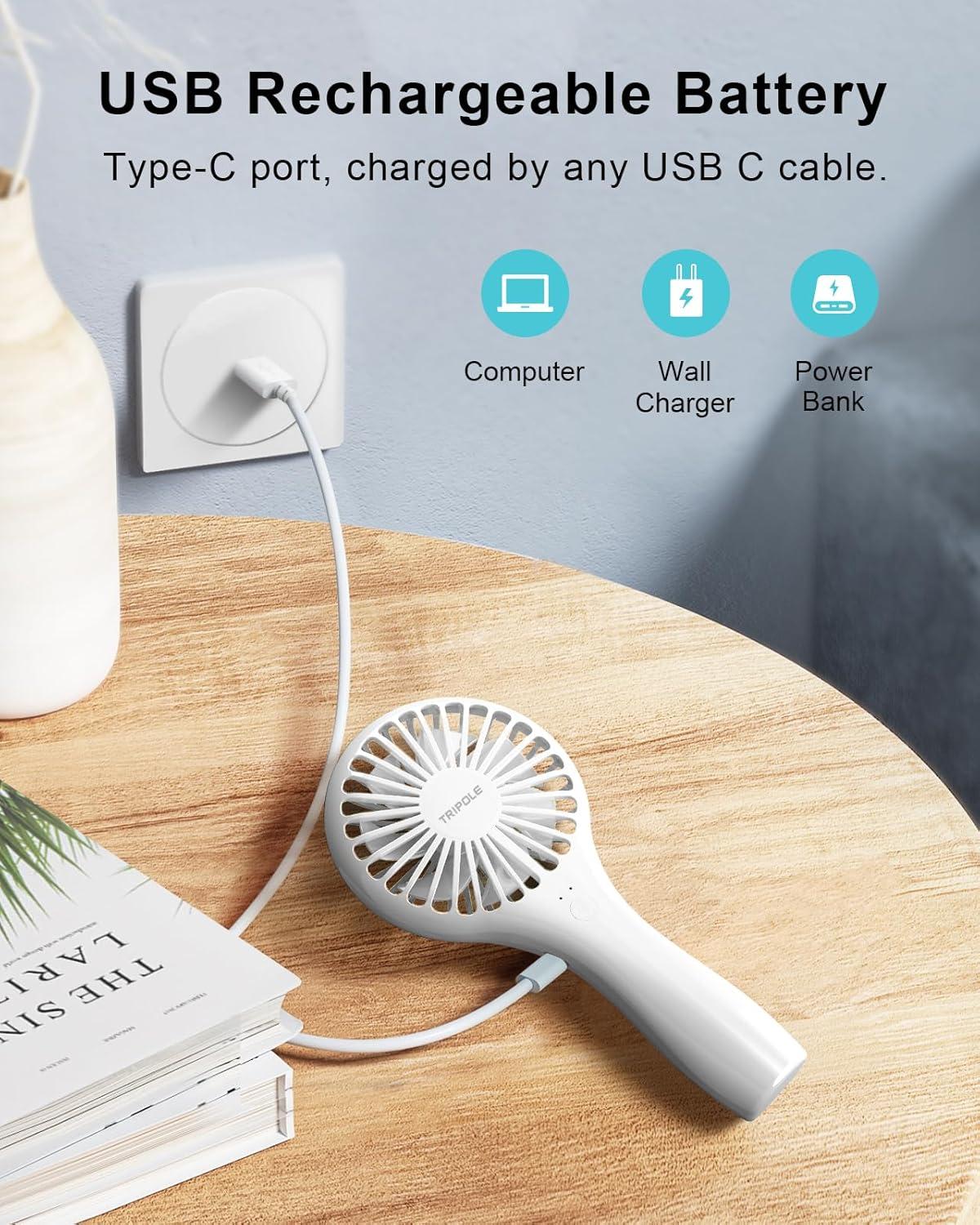 image:imageTriPole Portable Handheld Fan Mini Personal Fan with 3 Speeds Powerful Battery Hand Held Fans for Travel Trip Outdoor Concerts Cute Small Rechargeable Lash Fans for Makeup Skincare Drying CreamWhite