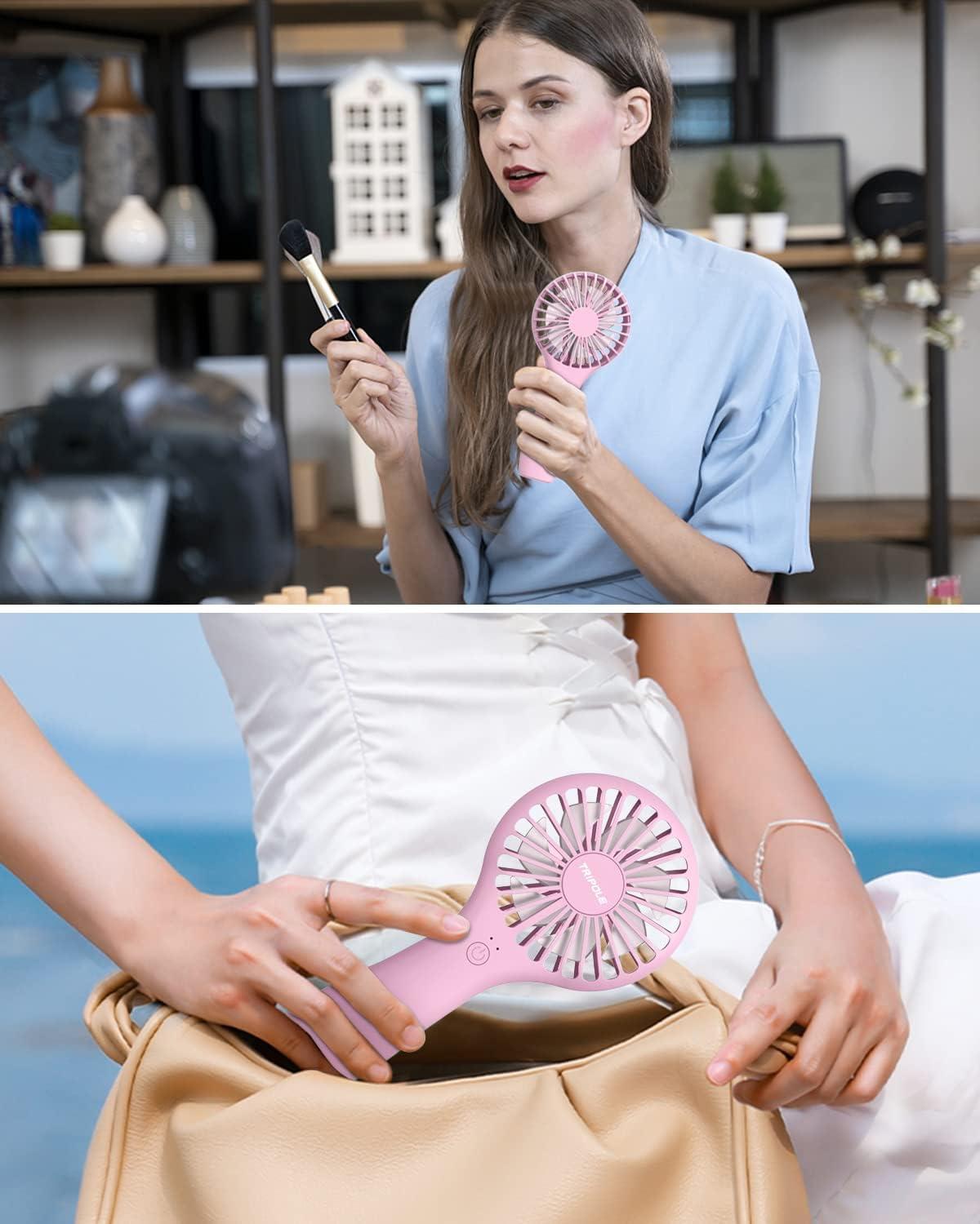 image:imageTriPole Portable Handheld Fan Mini Personal Fan with 3 Speeds Powerful Battery Hand Held Fans for Travel Trip Outdoor Concerts Cute Small Rechargeable Lash Fans for Makeup Skincare Drying CreamPink