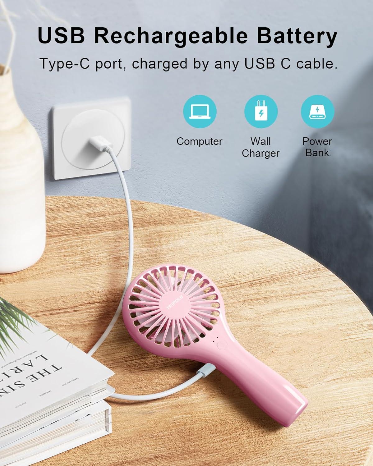 image:imageTriPole Portable Handheld Fan Mini Personal Fan with 3 Speeds Powerful Battery Hand Held Fans for Travel Trip Outdoor Concerts Cute Small Rechargeable Lash Fans for Makeup Skincare Drying CreamPink